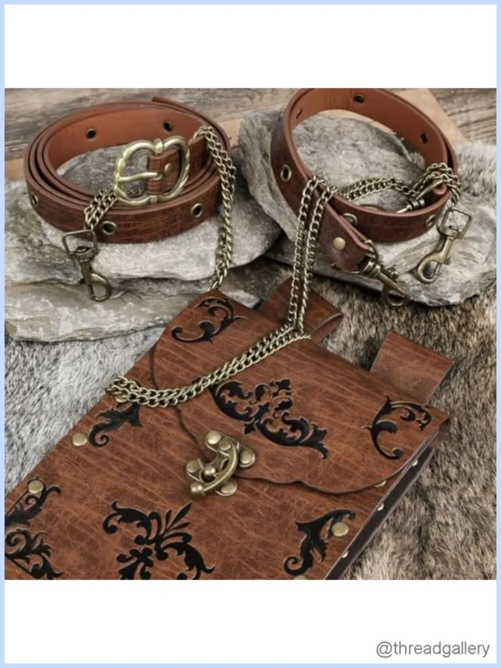Medieval Vintage Faux Leather Belt with Pouch & Chains Adjustable Costume Belt